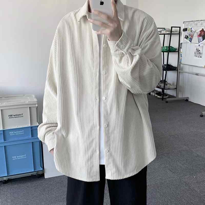 シャツ メンズ コーデュロイ 長袖 無地 ゆったり カジュアル 港風 学生 トップス ライトアウター 春秋 黒 ブラック 白 オフホワイト