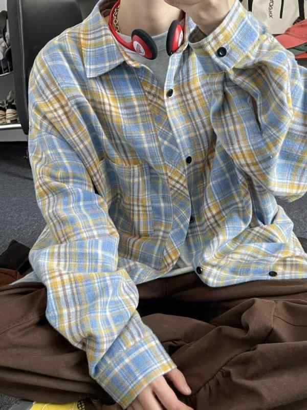 シャツ メンズ 長袖 20代 30代 韓国 レトロ チェック柄 襟付き トップス 春秋 普段使い カジュアル ポリエステル(4)