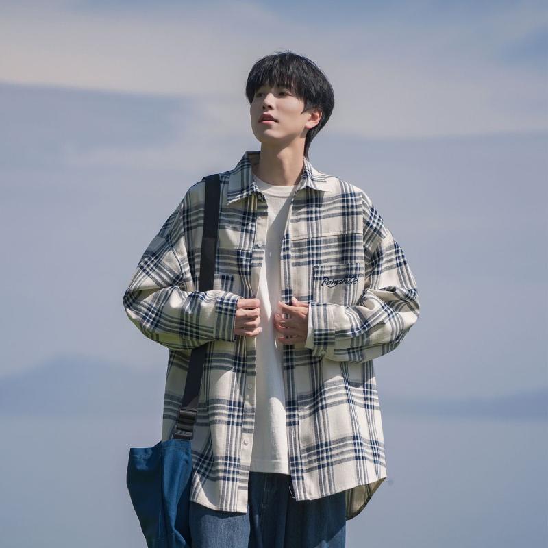 シャツ メンズ 長袖 格子柄 ポリエステル 混紡 トップス 秋冬 カジュアル ゆったり 普段使い ブルー カーキ