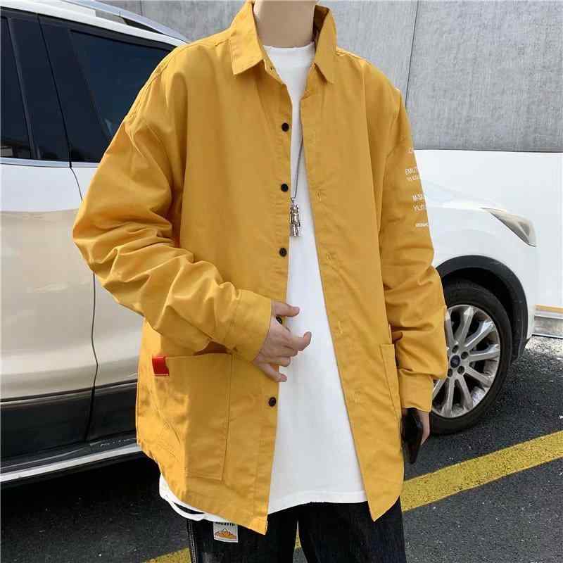 シャツ メンズ 長袖 トップス 韓国 カジュアル ポリエステル 無地 春秋 開襟 襟付き 黒 ブラック 黄 イエロー グリーン 普段使い(x2)