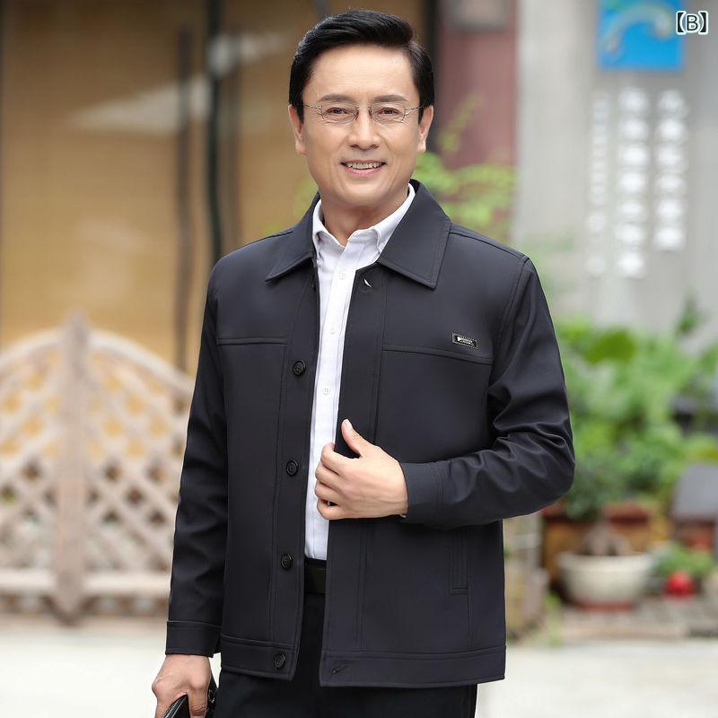 ジャケット 男性用 紳士服 シニア ルーズフィット リラックスウェア カジュアル 無地 ポリエステル 襟付き 長袖 メタル装飾 ジップアップ ブルゾン ブラック ブルー カーキ M L XL XXL XXXL 春秋(x5)