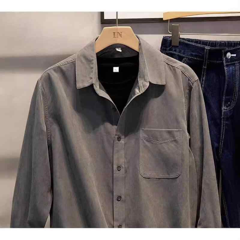 シャツ メンズ 長袖 秋 カジュアル トップス 若者 混紡繊維 プリント 白 グレー 黒 ブルー