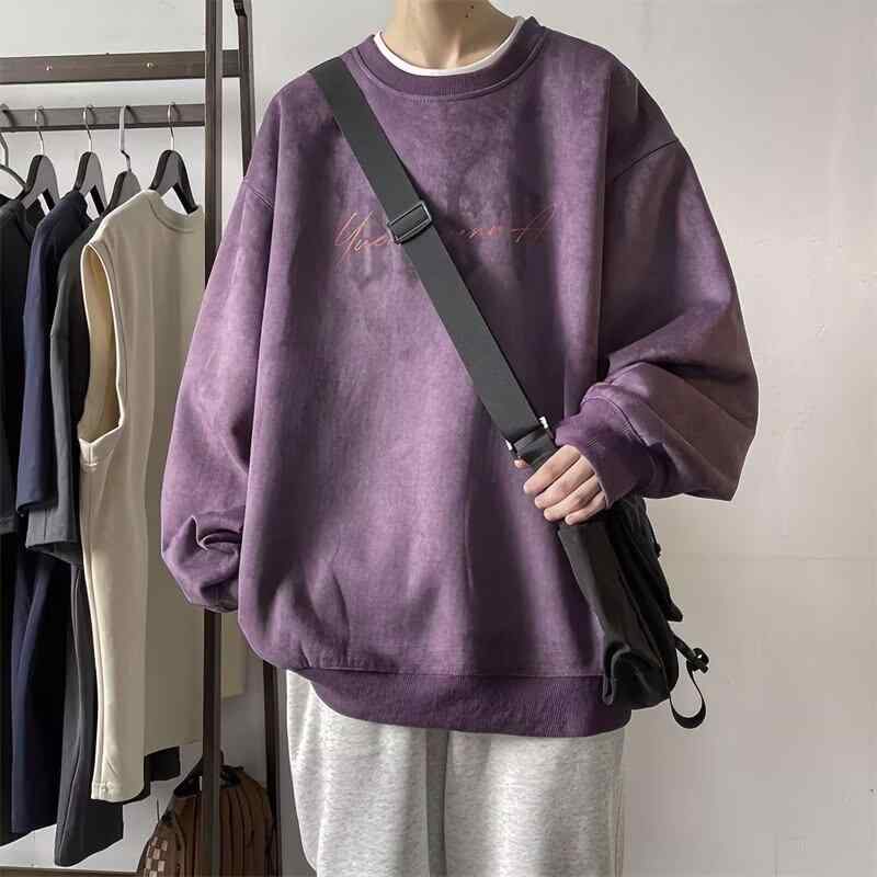 スウェット メンズ 春秋物 プルオーバー ラウンドネック 鹿 кожа 風 ポリエステル ゆったり トップス ストリート カジュアル 紫 カーキ ダークグレー グリーン
