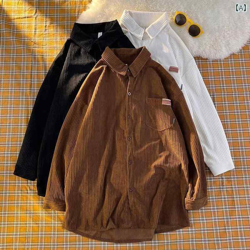 シャツ 男性用 レトロ コーデュロイ 長袖 ポリエステル 普段使い リラックス ウェ...