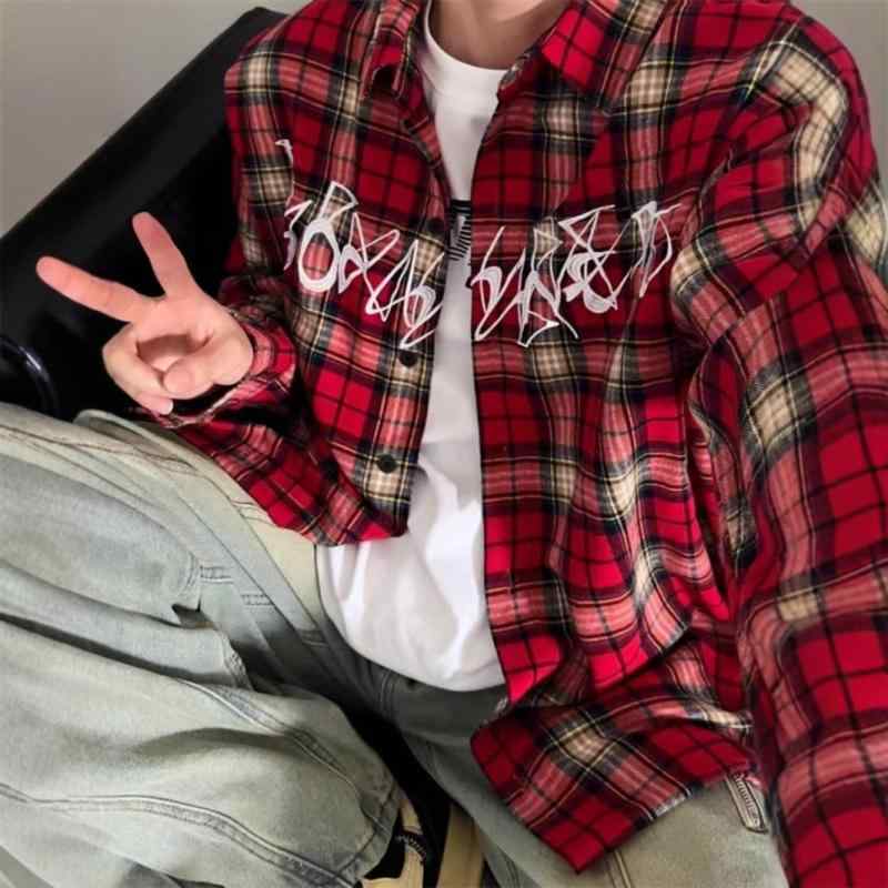 シャツ メンズ 長袖 格子柄 赤 刺繡 トップス ルーズフィット 春秋 ポリエステル