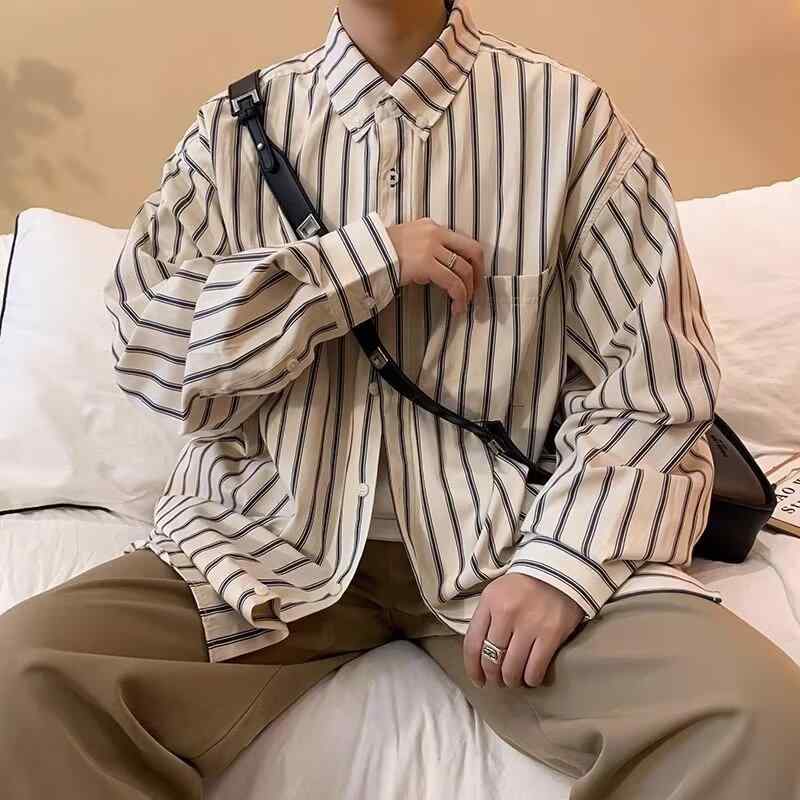 户外衣着 - シャツ メンズ 長袖 ストライプ柄 リネン混紡 トップス 秋物 ミルクホワイト 普段使い