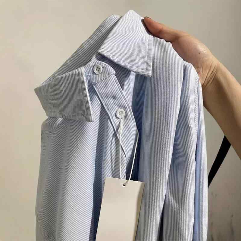 シャツ メンズ 長袖 ブルー ストライプ柄 コットン 混紡 港風 カジュアル 襟付き トップス 配色 秋