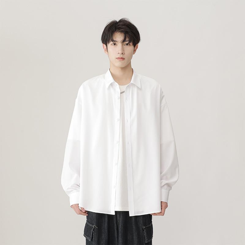 シャツ メンズ 男性用 長袖シャツ 襟付き 尖り襟 ポリエステル 無地 ゆったり 春秋 カジュアル トップ..