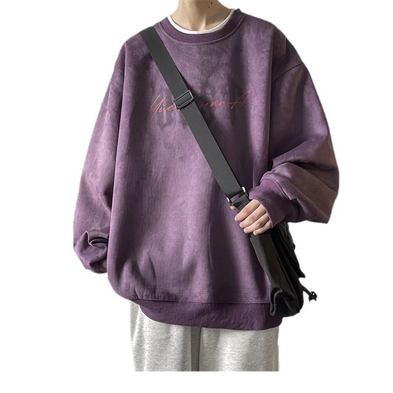 スウェット メンズ 裏起毛 秋冬 トレーナー プルオーバー トップス 長袖 ゆったり ルーズ ドロップショルダー プリント 普段着 部屋着 カ−キ 深グレー パープル グリーン