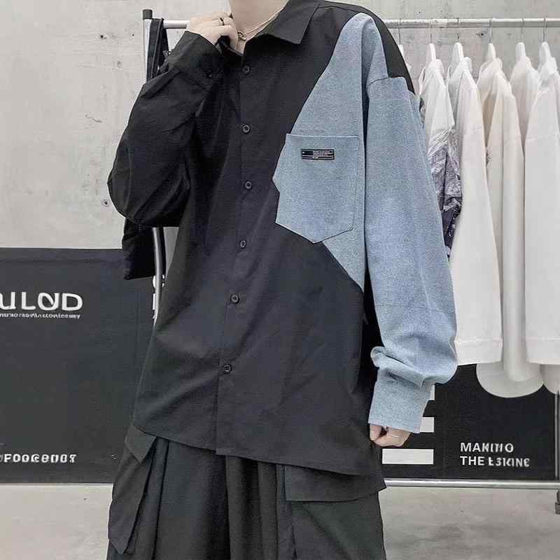 シャツ メンズ 男性用 トップス 長袖 春秋 ポリエステル 切り替え 配色 ゆったり 韓国 カジュアル 白 黒 カーキ グレー