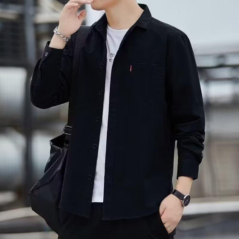 Wear - シャツ メンズ 長袖 ライトアウター ワーク カジュアル トップス 襟付き 無地 スプリング 黒 カーキ 緑 青 グレー
