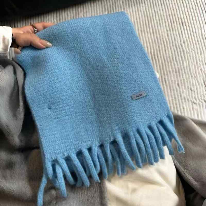 マフラー レディース メンズ 韓国 高見え 美白効果 ウール ニット 無地 フリンジ付き 秋冬 襟巻き ショール ストール 南米 北米 顕白绿色 韩系藍色 气质グレー