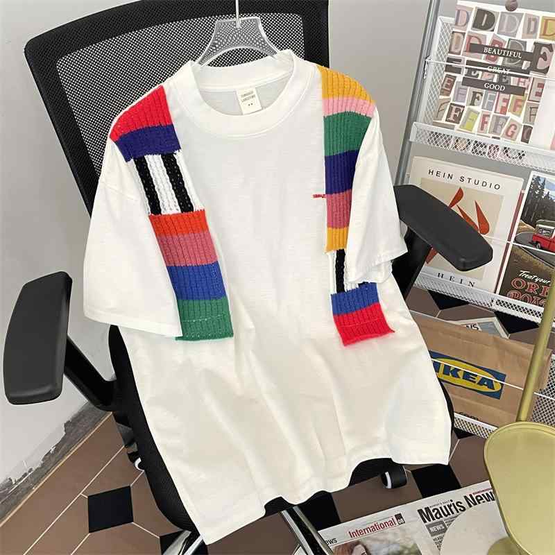 Tシャツ メンズ 半袖 配色 ショール 切り替え ストライプ ゆったり ポリエステル ラウンドネック 薄手 カジュアル スタイル 普段使い 部屋着(4.0)