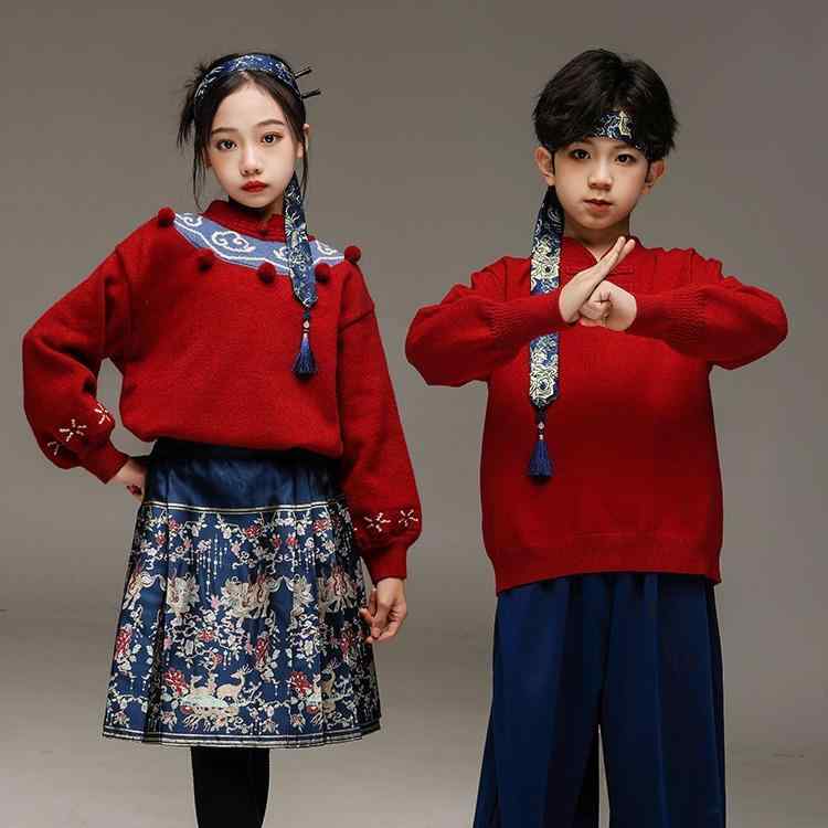 チャイナ服 子供 中国風 ニットセーター 馬面スカート セットアップ 男の子 唐装 女の子 民族衣装 舞台衣装 撮影 正月 普段着