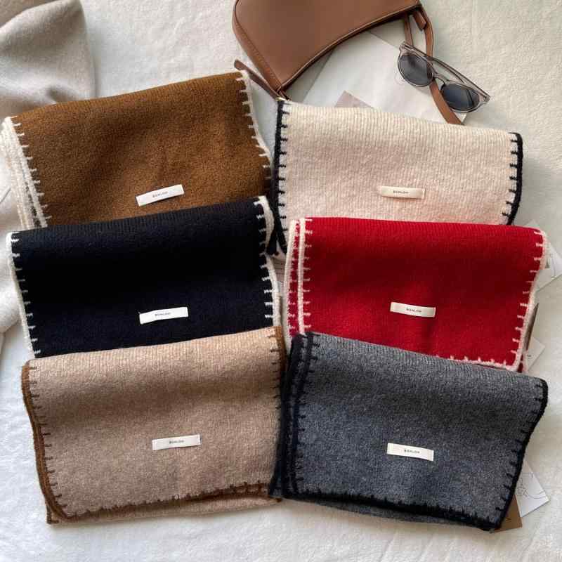 マフラー レディース ニット 秋冬 韓国 赤 保温 ネックウォーマー 無地 ミディアム丈 グレー ベージュ キャメル ブラック コーヒー色