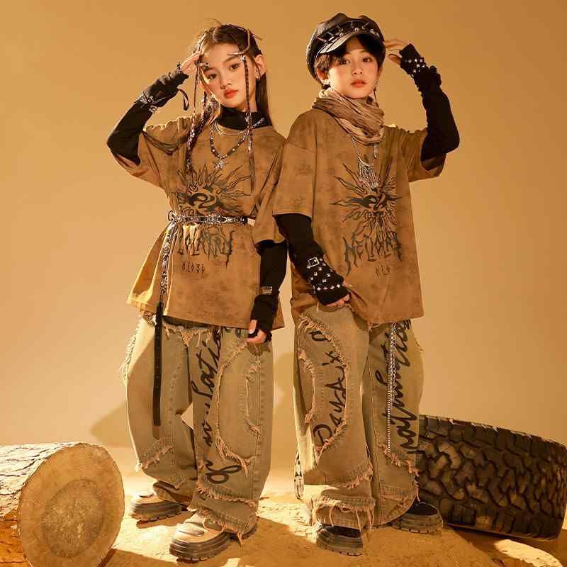 ダンス衣装 キッズ 男の子 女の子 ヒップホップ ダンスウェア セットアップ 子供 演出服 舞台衣装 発表会 デニムパンツ 長袖トップス 秋