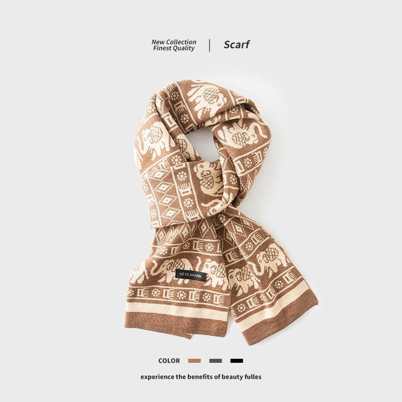 マフラー メンズ 男性用 ウール 提花 ジャカード 秋冬 厚手 保温 ネックウォーマー 中国風 レトロ グレー ブラック カーキ