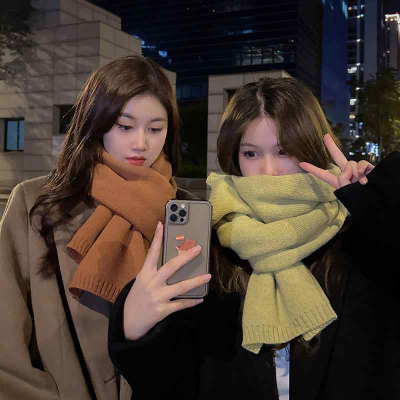 マフラー レディース メンズ 韓国 ニット ストール 厚手 保温 秋冬 学生 あったか 果グリーン コーヒー色 ブラック 焦糖(x2)