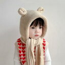 帽子 キッズ ニット帽 秋冬 防寒 ベビー 裏起毛 ネックウォーマー一体型 無地 4歳 5歳 6歳 ベージュ ピンク系(x2)