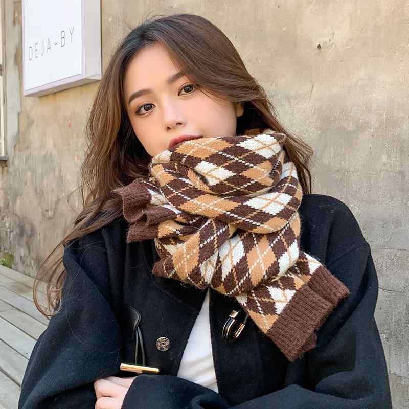 マフラー レディース メンズ 秋冬 チェック柄 厚手 ニット 保温 防寒 学生 ベージュ グレー レッド タッチ ストール