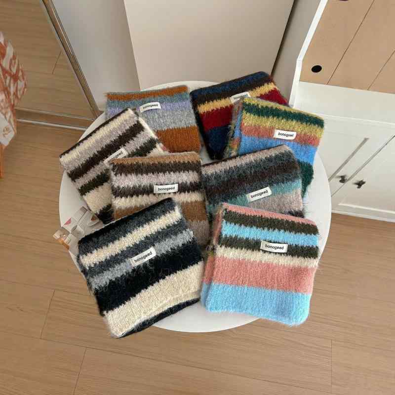 マフラー レディース メンズ ウール 秋冬 韓国 ストライプ 配色 あったか 防寒 ピンク系 ブルー系