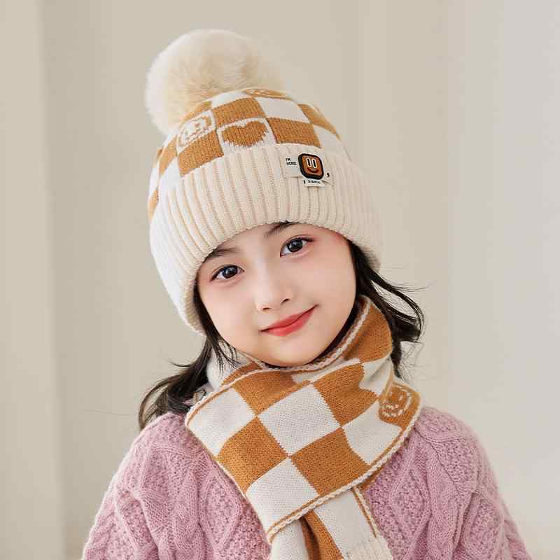 Hat - ニット帽 キッズ 子供用 秋冬 防寒 格子柄 裏起毛 暖かい 男の子 女の子 帽子 ネックウォーマー 2点セット レッド ベージュ ブラック ブルー イエロー カーキ