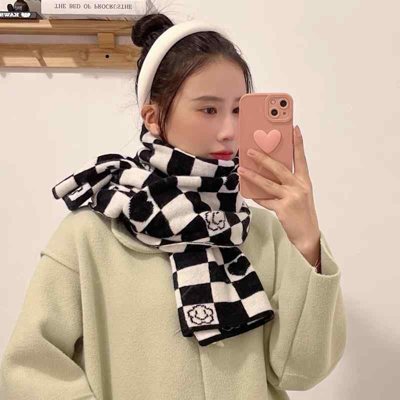 マフラー レディース メンズ 秋冬 ニット チェック柄 学生 あったか 防寒 かわいい 大判 ストール ショール ブラック系