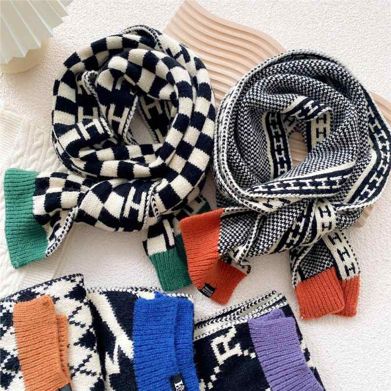 マフラー レディース メンズ 千鳥格子 ニット 秋冬 防寒 学生 あったか 両面