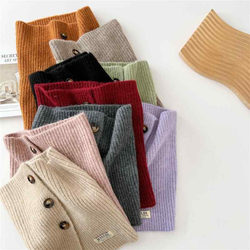 ネックウォーマー レディース ニット 秋冬 韓国 無地 ボタン付き 保温 暖か 防寒 かわいい おしゃれ ミディアム丈 アイボリー ピンク グレー ワインレッド ブラック グリーン
