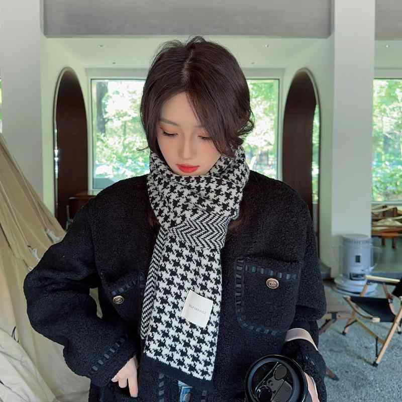 マフラー レディース 秋冬 千鳥格子 ニット ストール 暖かい メンズ 防寒 黒 白 茶色 アクリル(x2)