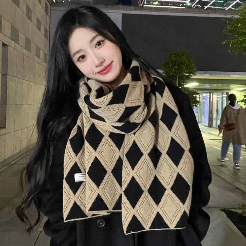 マフラー レディース メンズ 秋冬 厚手 ニット 菱形 格子柄 ストール 男女兼用 保温 ブラック系 カーキ系(x2)