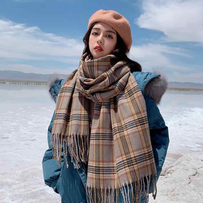 マフラー ストール レディース メンズ チェック柄 秋冬 厚手 大判 両面 学生 あったか 深鉄レッド グレ..