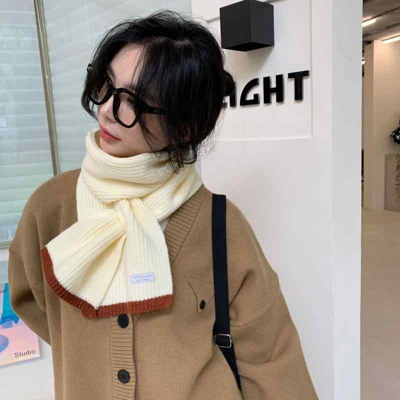 マフラー レディース 学生 かわいい 配色 無地 クロス ネックウォーマー 細め ニット 秋冬 グレー 黄色 カーキ 緑 黒 米白 焦糖 ブルー 赤 コットン 暖かい(x2)