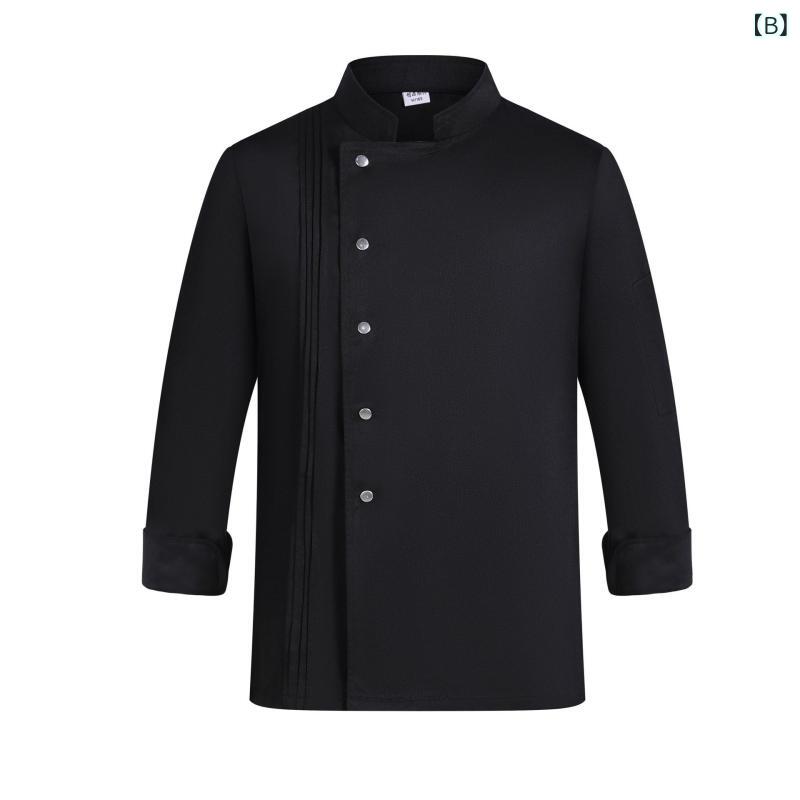 コックコート 男性用 長袖 春秋 ウェイトレス 制服 レストラン 飲食店 厨房服 シェフコート トップス 白 黒 紺 綿混紡1