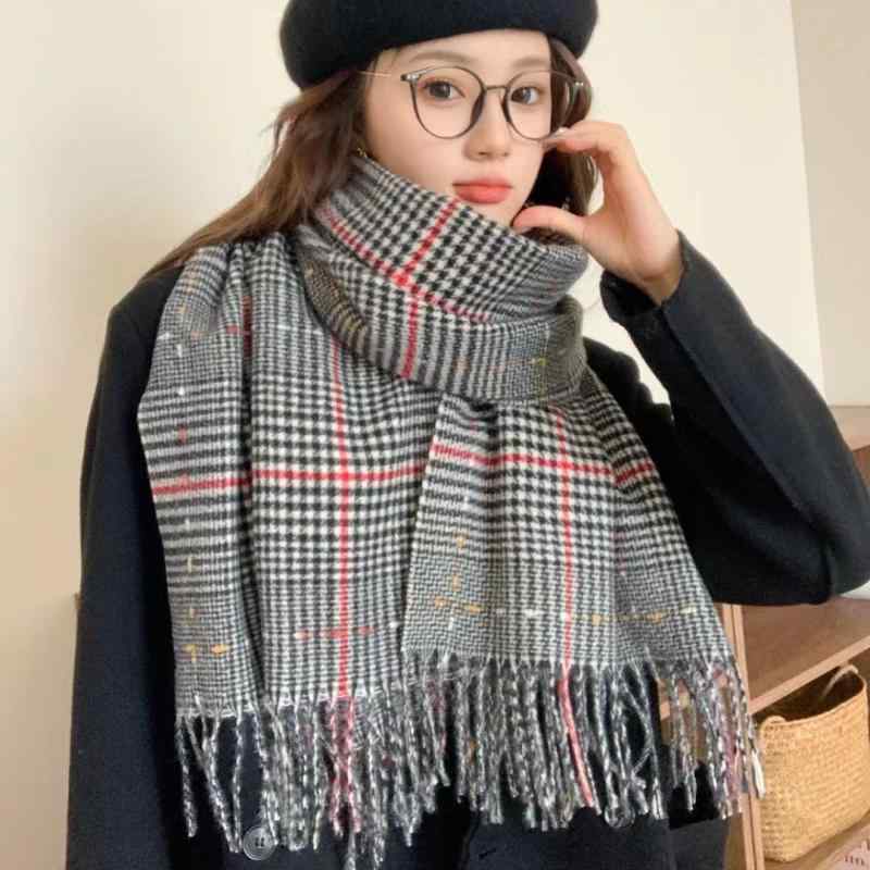 マフラー ストール 秋冬 レディース メンズ ショール 仿羊绒 千鳥格子 英国風 フリンジ 厚手 あったか ブラック カーキ