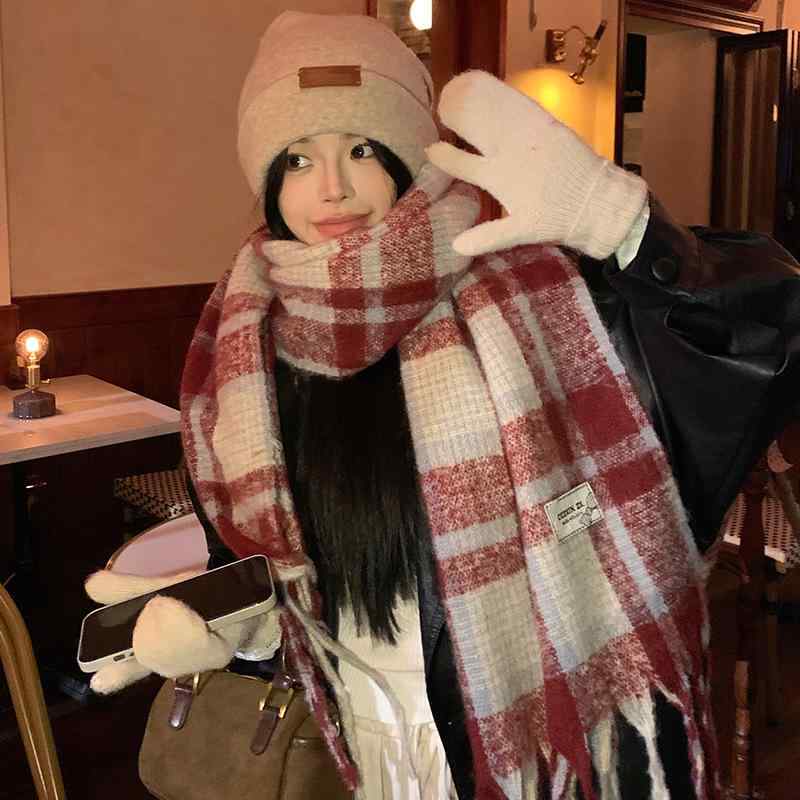 マフラー ストール レディース メンズ ニット 秋冬 防寒 保温 大判 ショール ひざ掛け 格子柄 赤 ワイ..