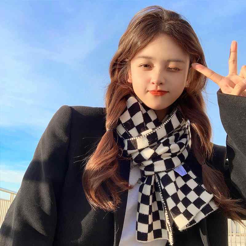 マフラー ストール レディース メンズ 秋冬 韓国 ニット チェック柄 防寒 学生 あったか カキ色 ブラック(x2)(4.0)