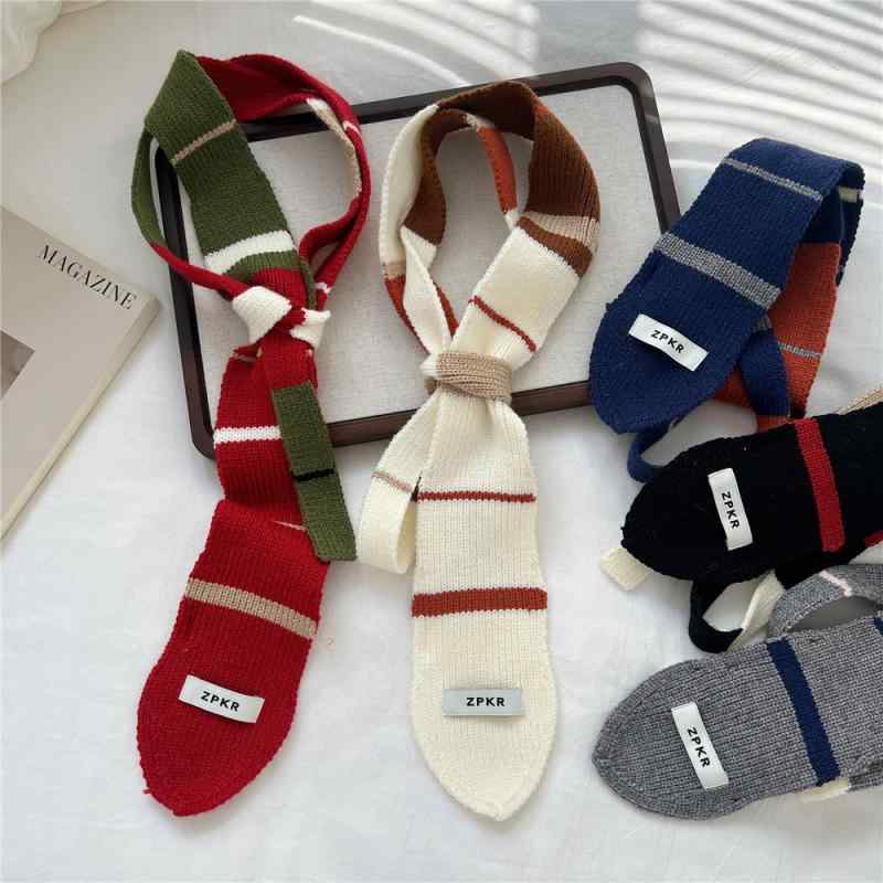 マフラー レディース 秋冬 細ストライプ柄 ニット 保温 ネックウォーマー 細長