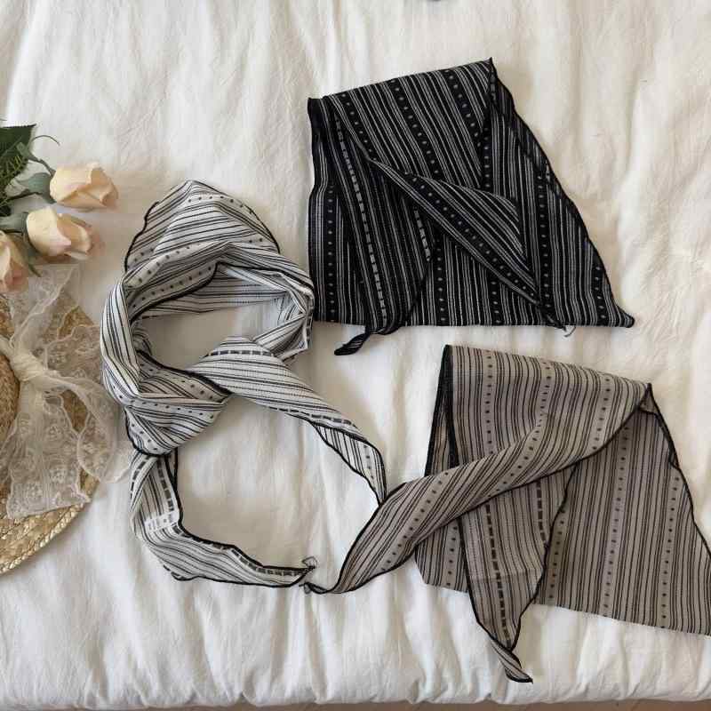 バンダナ レディース メンズ ストライプ コットン リネン 三角巾 春夏 韓国 シンプル 通勤 紫外線対策 スカーフ ヘアバンド
