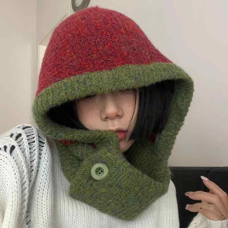 ニット帽 レディース 秋冬 親子 ペア 帽子 ネックウォーマー 一体型 防寒 暖かい かわいい ケーブル編み バイカラー グレー ブルー ピンク コーヒー