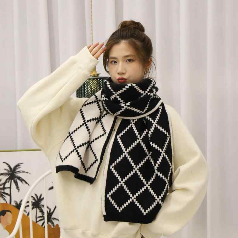 マフラー レディース 秋冬 ブリティッシュスタイル 学生風 厚手 韓国 あったか カップル メンズ ネックウォーマー ひし形 ブラック ホワイト系 イエロー系 グレー系 ベージュ系 ブラウン系 レッド系(x2)(4)