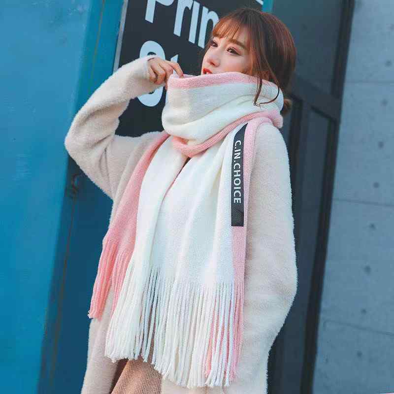 マフラー レディース メンズ ニット 秋冬 厚手 かわいい 学生 カップル 韓国 バイカラー グラデーション 大判 ストール ショール 防寒(x2)