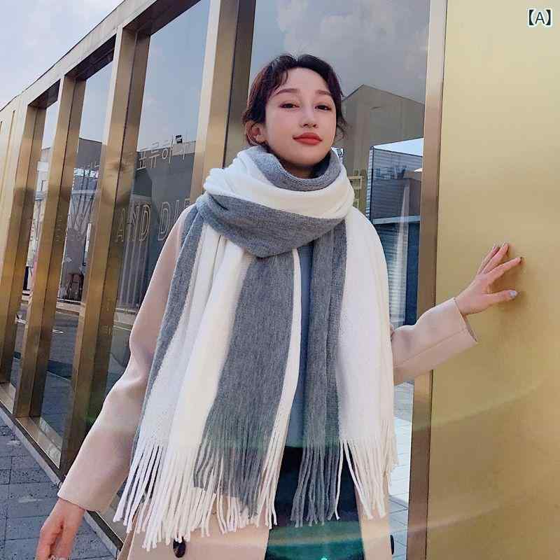 LINEAR shopのマフラー レディース メンズ ニット 秋冬 厚手 かわいい 学生 カップル 韓国 バイカラー グラデーション 大判 ストール ショール 防寒(x2)｜アングル2