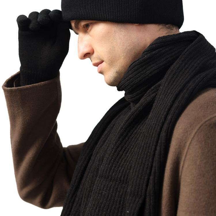 マフラー メンズ 男性用 ネックウォーマー ニット 保温 厚手 秋冬 防寒 紳士服 33cm×168cm ブラック 黒 深グレー ポリエステル ビジネス カジュアル スタイル