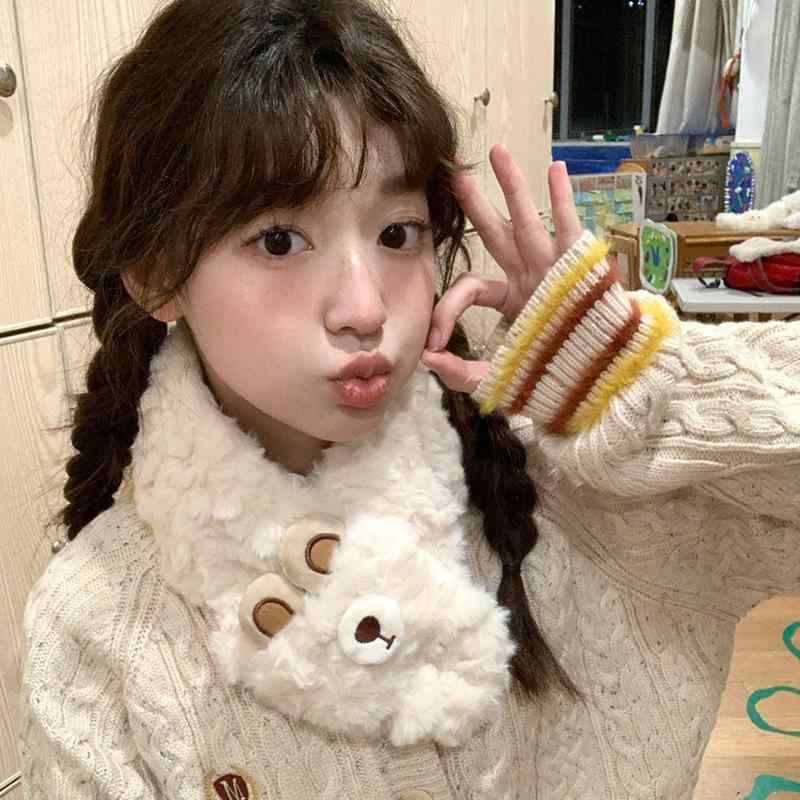 マフラー ネックウォーマー レディース メンズ 小熊 プリント 防寒 暖かい ふわふわ もこもこ 秋冬 かわいい 韓国 カジュアル 白 ベージュ ピンク グレー