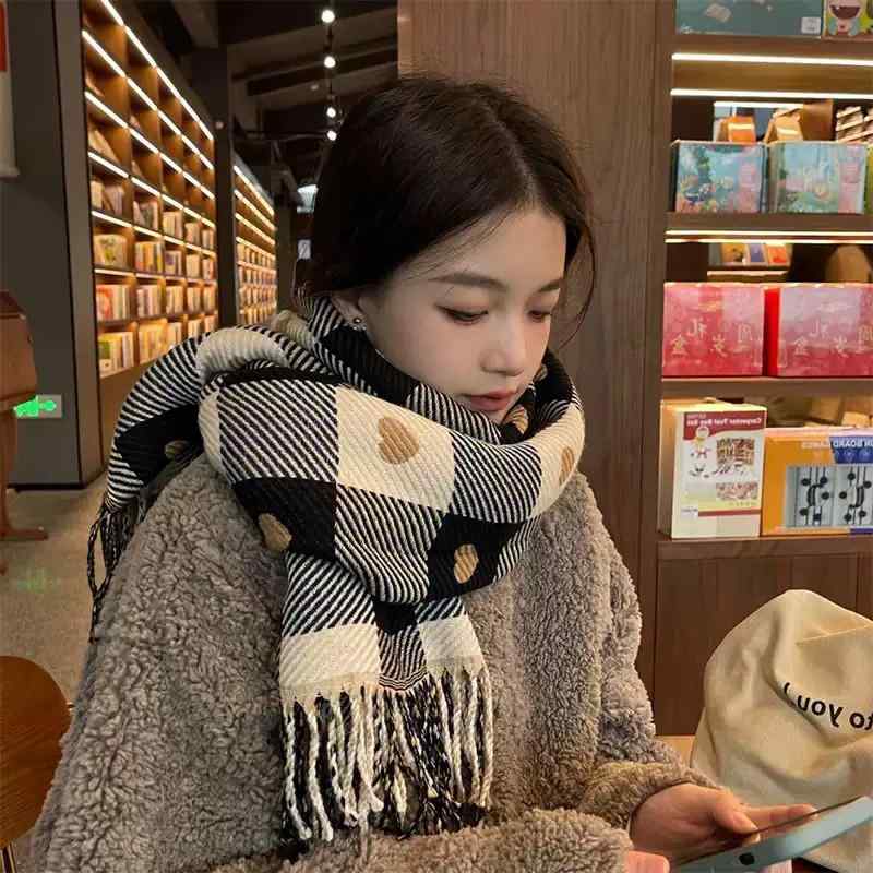 マフラー レディース メンズ 秋冬 厚手 大判 暖か ウールライク 格子柄 鹿の角 クリスマスツリー ショ..