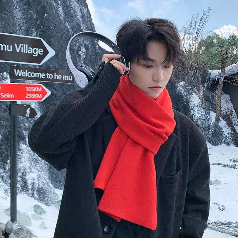マフラー 男性用 ニット マフラー 秋冬 ペア 韓国 厚手 保温 防寒 無地 赤 グレー 紺 カーキ ブラック 180cm 30cm 普段使い