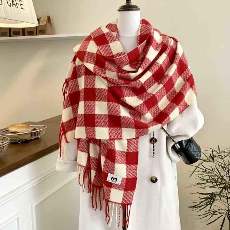 マフラー ストール メンズ 大判 格子柄 フリンジ 秋冬 暖かい タッチ 男性用 防寒 グレージュ ブラック レッド