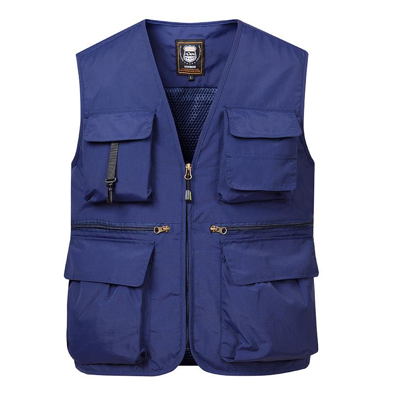 ベスト 男性用 カメラマンベスト ワークウェア 制服 多ポケット Vネック 釣り 登山 アウトドア ウェア トップス ポリエステル 紺色 オレンジ 青 黒 カーキ 緑 赤(x3)