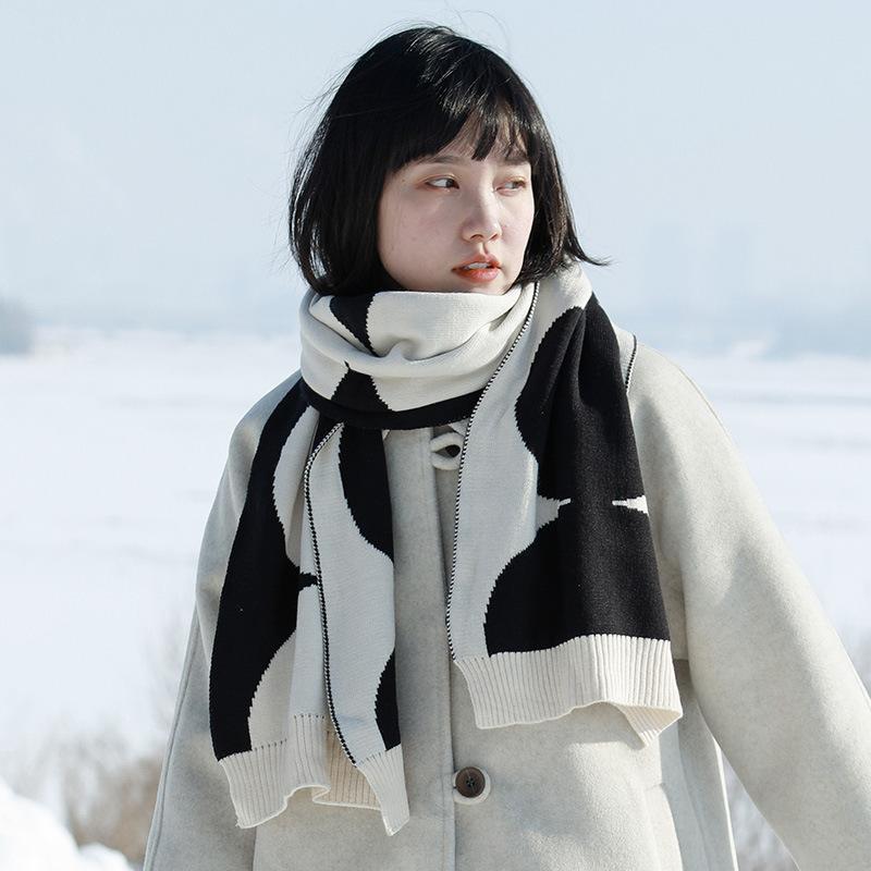 マフラー レディース メンズ 秋冬 ニット 配色 幾何学模様 ストール 暖かい 防寒 学生 ペア 男女兼用 ..
